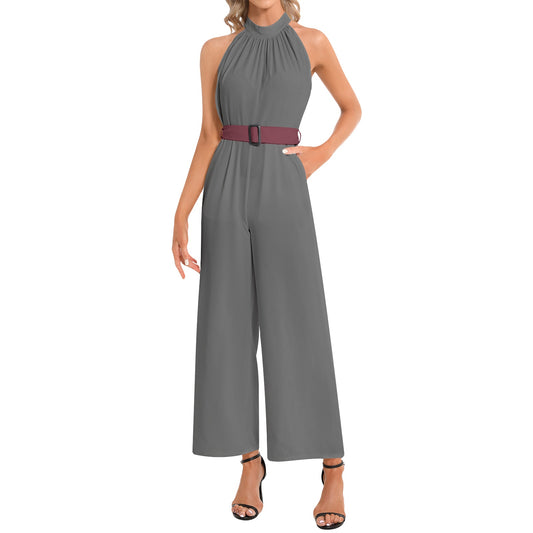 #CB Collection GREY/MAROON Halter Neck Buckle Belted Jumpsuit