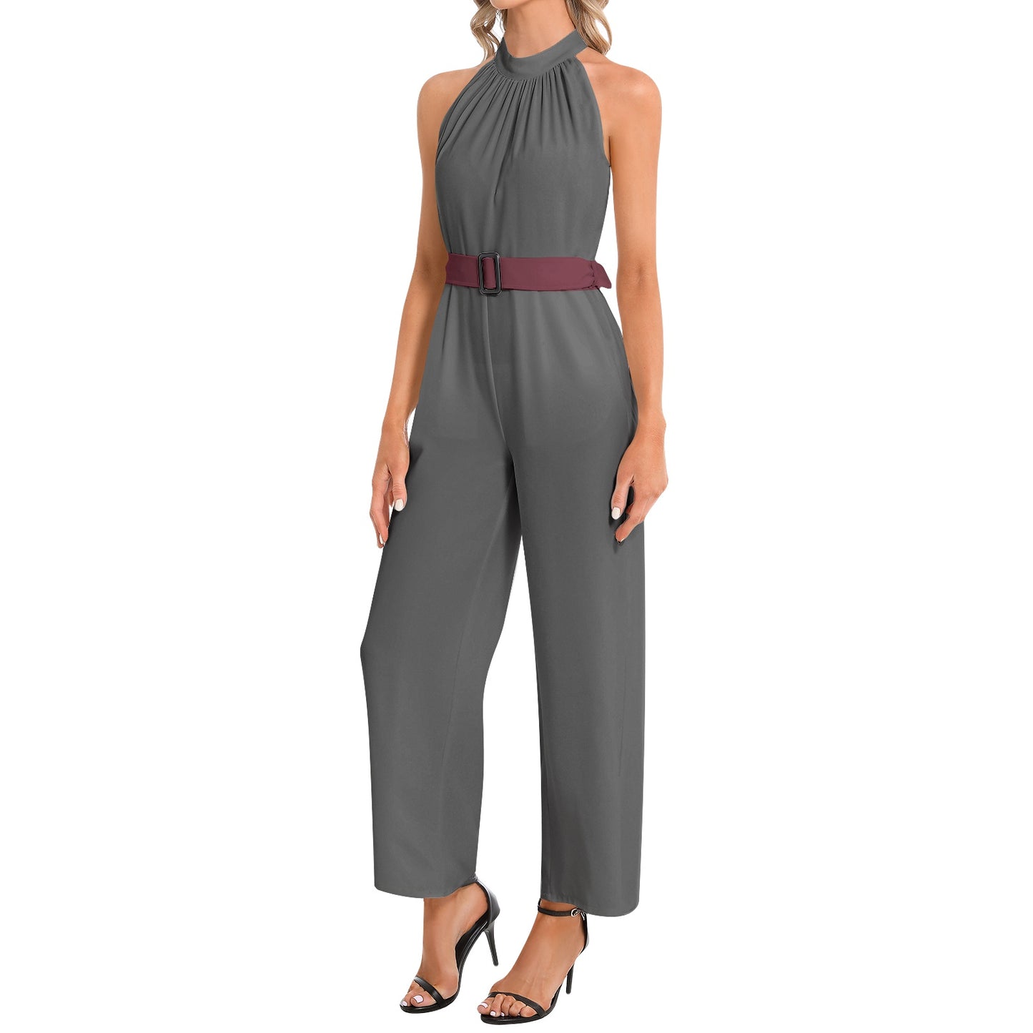 #CB Collection GREY/MAROON Halter Neck Buckle Belted Jumpsuit