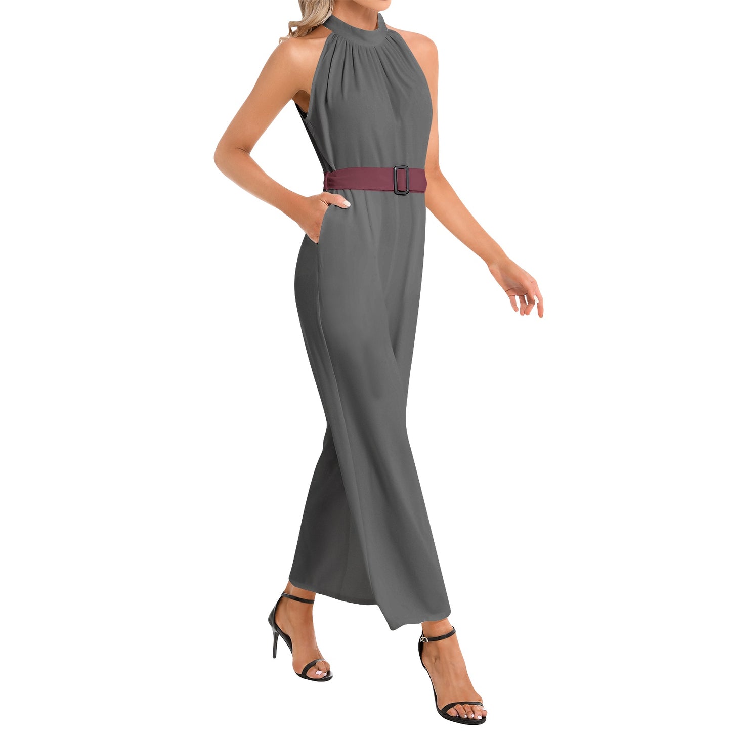 #CB Collection GREY/MAROON Halter Neck Buckle Belted Jumpsuit