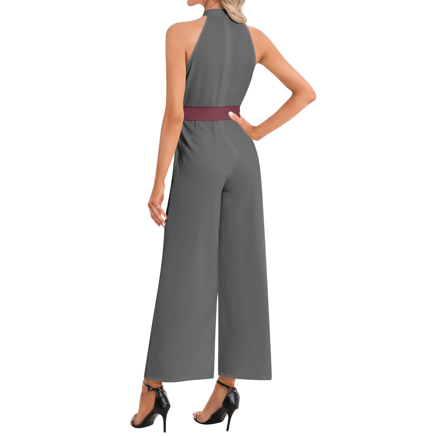 #CB Collection GREY/MAROON Halter Neck Buckle Belted Jumpsuit