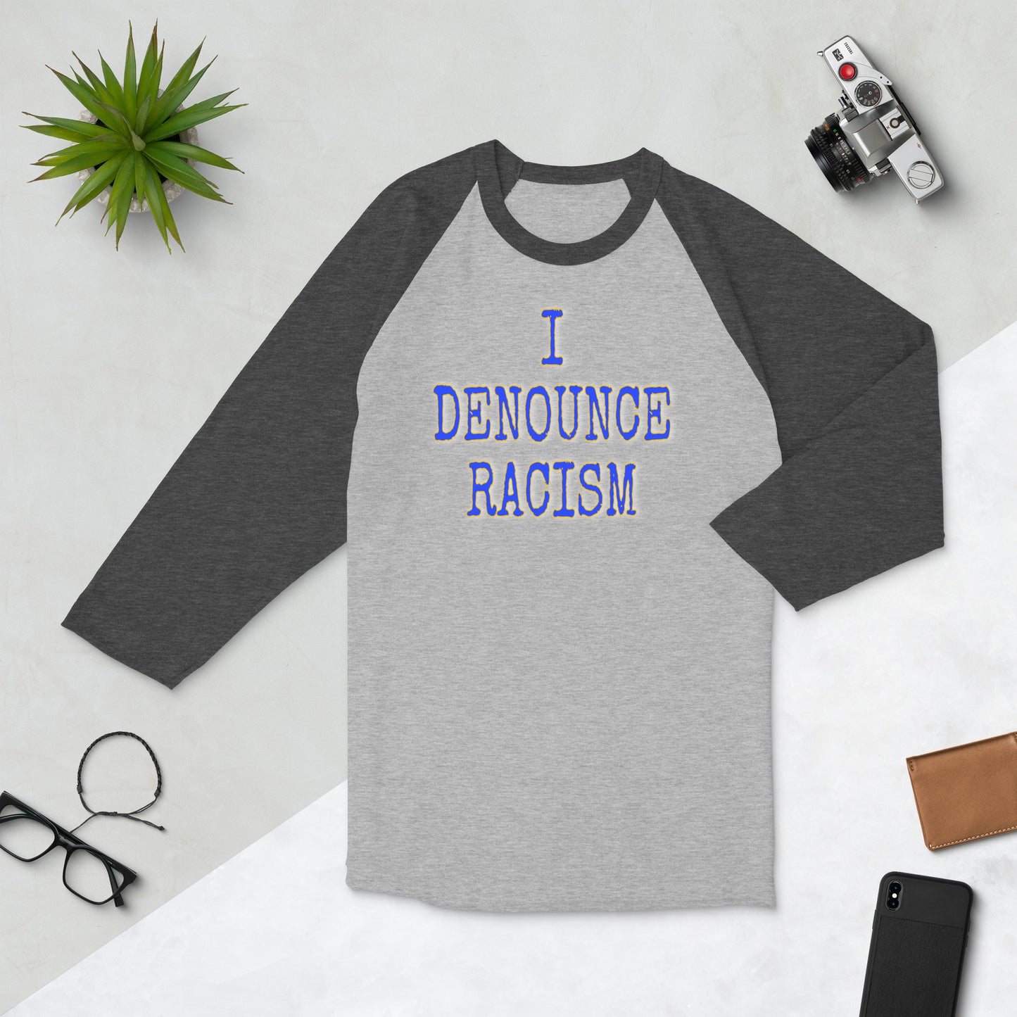 #IDR iDENOUNCE RACISM BLU UNISEX 3/4 sleeve raglan shirt